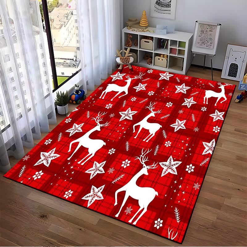 White Reindeer on Red Plaid Rug Non-slip rug suitable for living room and bedroom sofas