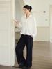 Women's White Cotton Shirt, Loose Fit, Lapel, Cinched Waist, Patchwork, Elegant, Versatile, Slimming, Long Sleeve