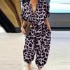 Women's V Neck Short Sleeve Jumpsuit Loose Fit Retro Leopard Print Drawstring Waist Pocket Wide Leg Jumpsuit