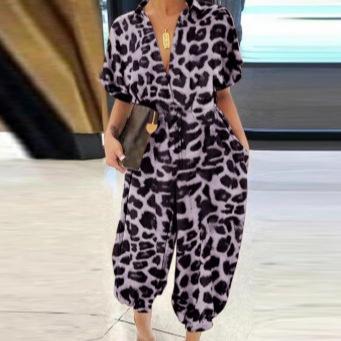 Women's V Neck Short Sleeve Jumpsuit Loose Fit Retro Leopard Print Drawstring Waist Pocket Wide Leg Jumpsuit