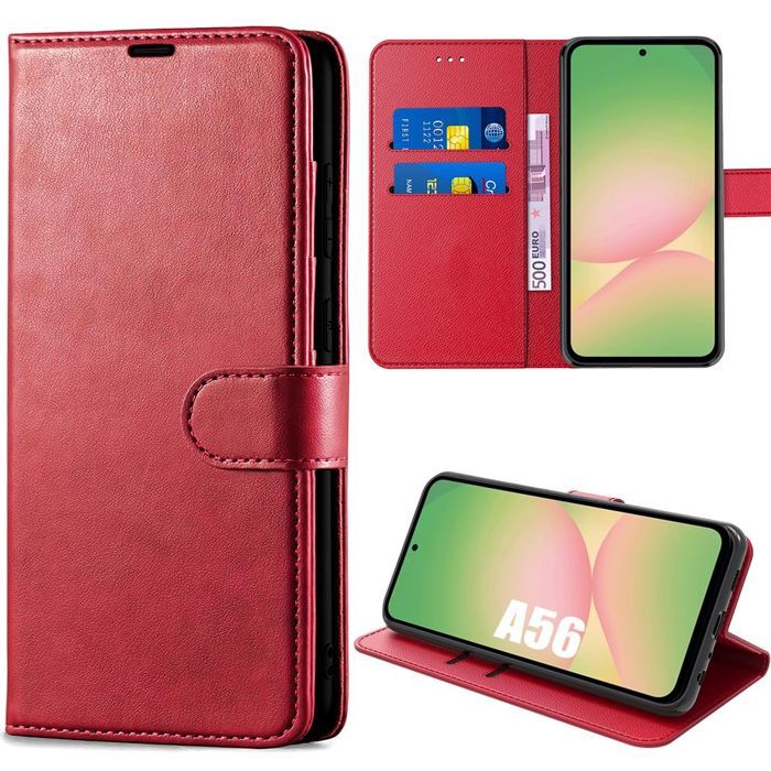 Coque de protection - BOOLING - Samsung Galaxy A56 5G - Cuir PU Rouge - Anti-Rayures - Pliable
