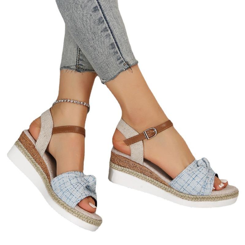 Summer new large-size hemp rope woven one-word buckle with flat-soled sandals women's slope heel thick-soled large-size women's sandals