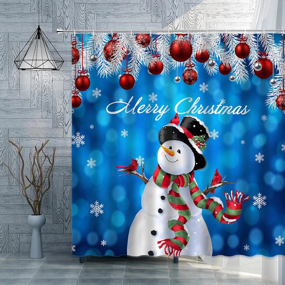 Christmas Shower Curtain Blue Xtmas Balls Snowflake Snowmen Gift Brid Winter Holiday New Year Fabric Bathroom Curtains Decor Set