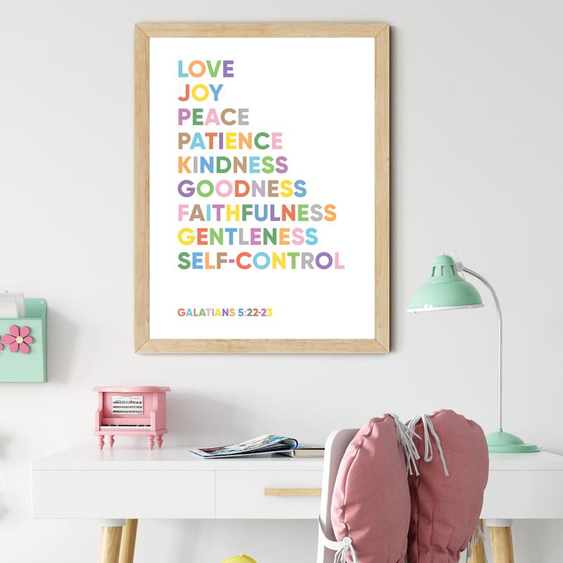 Frutto dello Spirito Stampa con Citazione Ispiratrice Poster Versetto Biblico per la Cameretta Scrittura Cristiana Tela Wall Art Decorazione Casa per la Stanza dei Bambini