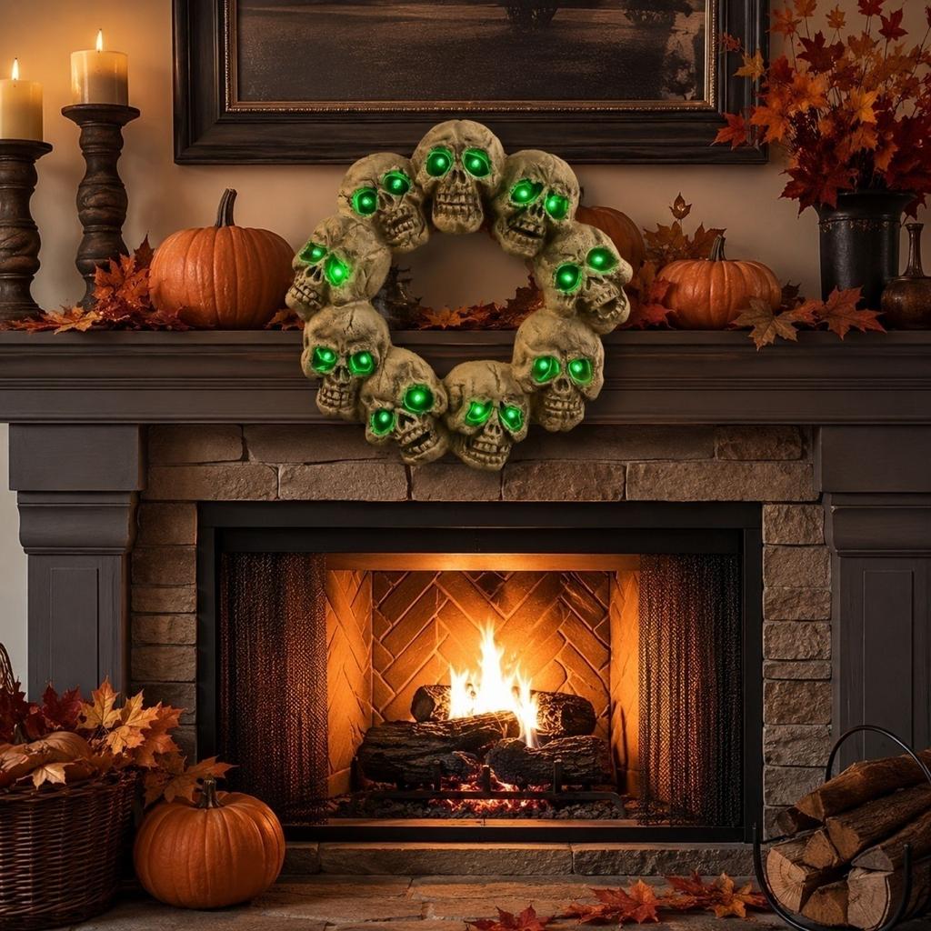 Halloween Skull Wreath Hanging Decoration with LED Light Up Eyes for Door Wall Indoor Outdoor Display Festival Party Decor