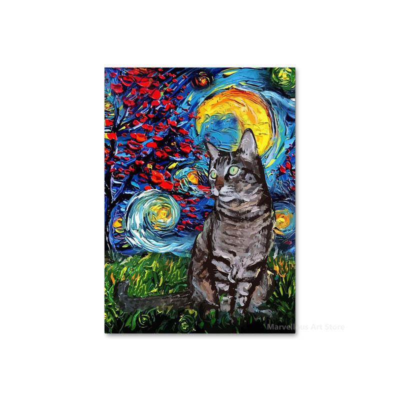 Sternennacht Katze Abstrakte Tier Poster und Drucke Vintage Leinwand Malerei Wand Kunst Bild für Wohnzimmer Korridor Wohnkultur