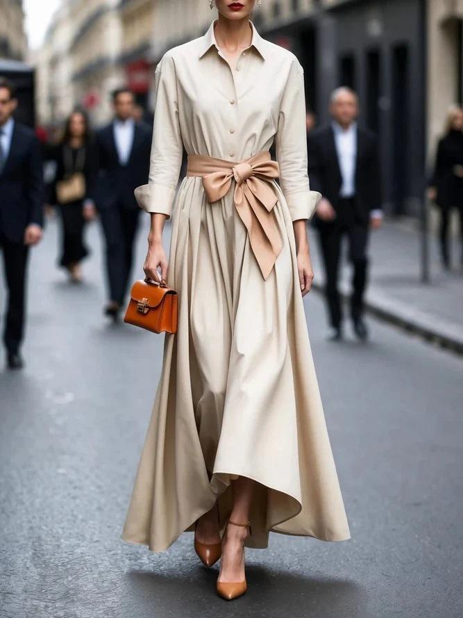 

Women s Beige Shirt Dress with Belt and Bow, Long Elegant Trench Coat Style Dress S