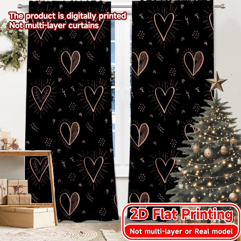 

Set Of 2 Flat Printing Curtains Without Rod Heart Pattern Popular Drapes Festival Versatile Durable Polyester Curtain W100*H70(CM)-Hooks&1PCS