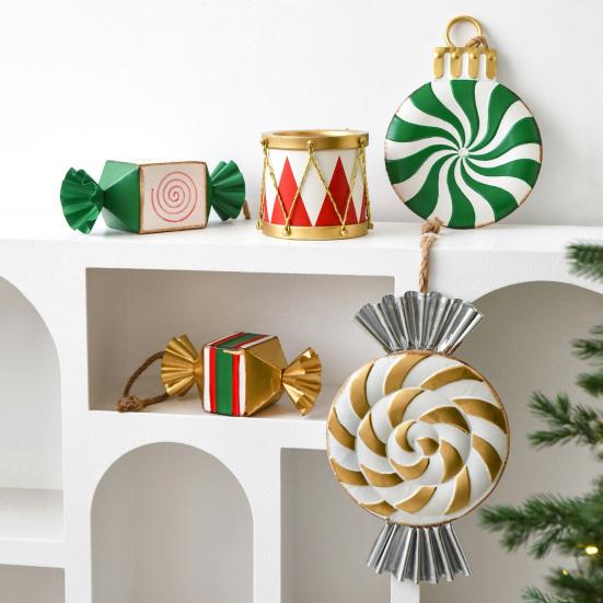 Metal Christmas Ornament Iron Gift Box/Candy/Drum Hanging Decorations for Christmas Tree Holiday Party Decor