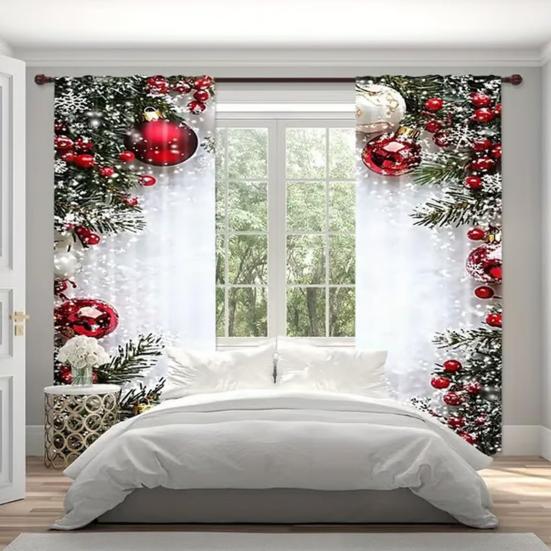 2 Panels Christmas Curtains 2D Flat Printed Balls Curtain with Snowflakes And Pine Branches Holiday Window Drapes Decoration for Living Room Decor