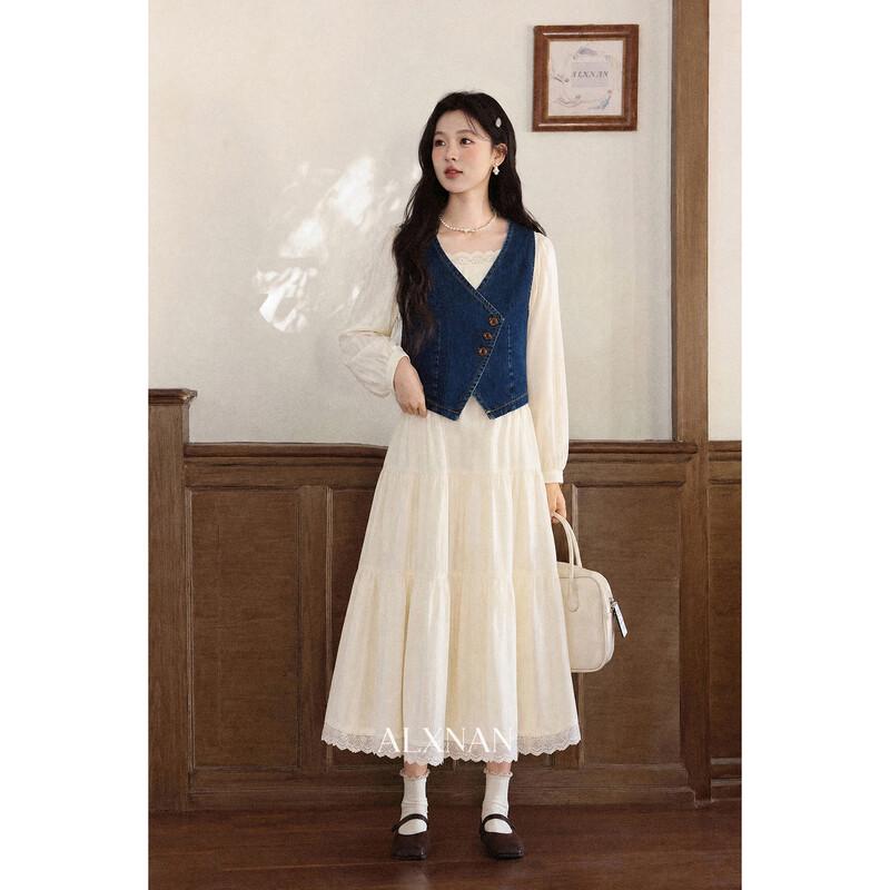 Luxiangnan French Style Beige Square Neck Long Sleeve A-Line Dress