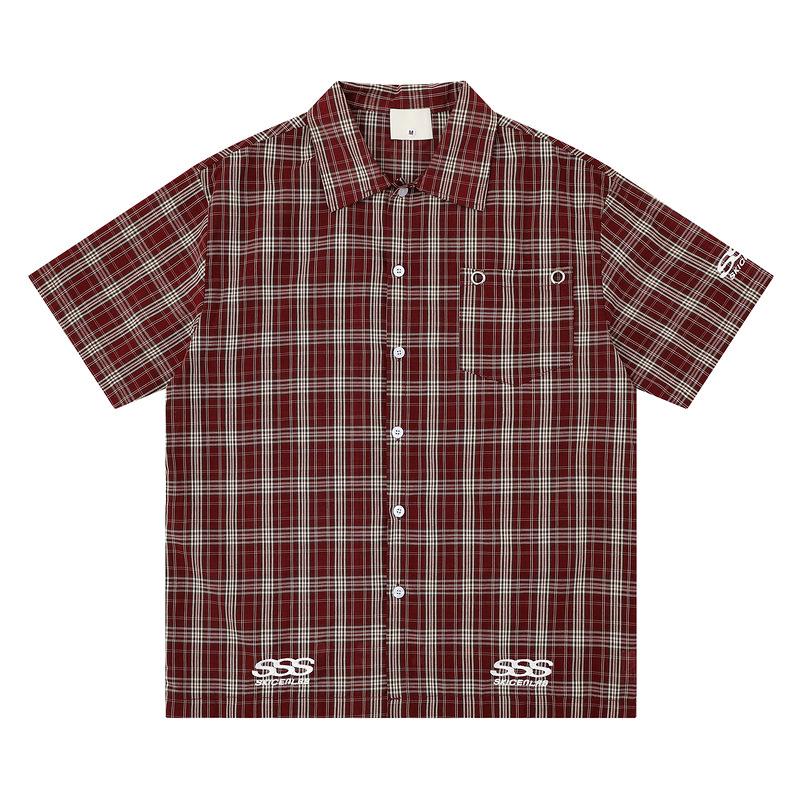 American retro plaid short-sleeved shirt men`s