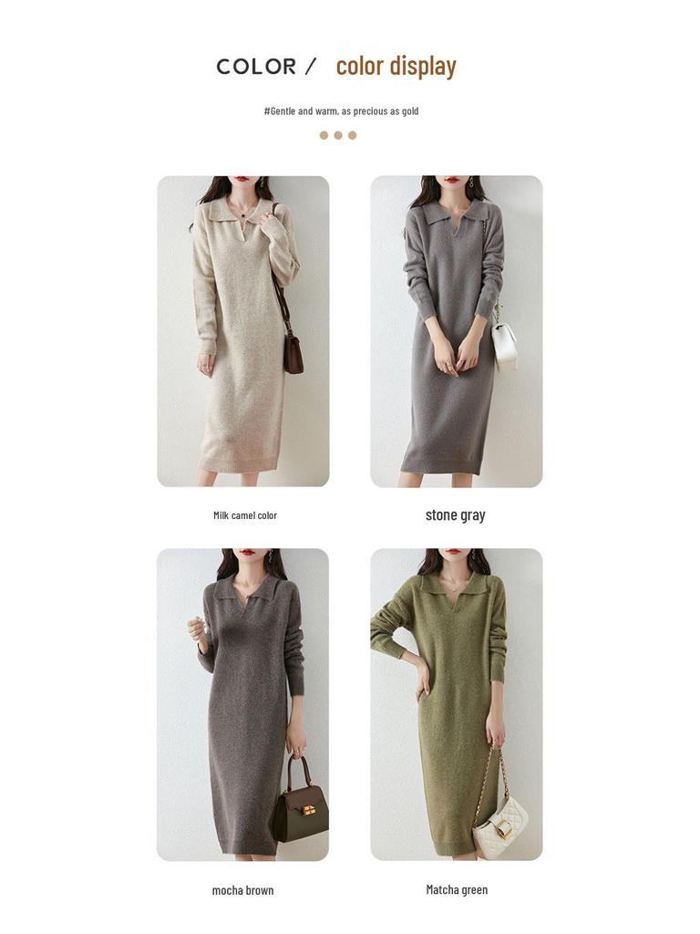 Women's Thickened Wool Polo Neck Long Dress - Autumn/Winter Loose Knit Base Layer 