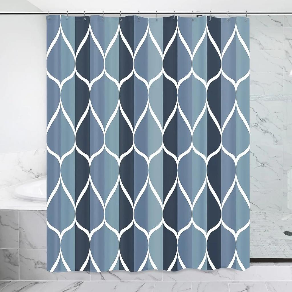 Fabric Geometric Shower Curtain, Mid-Century Modern Geometric  Herringbone Chevron Blue Black Gray Square Bathroom Decoration