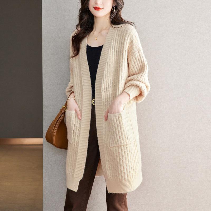 Knitted cardigan women's spring and autumn new loose lazy style fashion medium and long soft waxy sweater jacket shawl