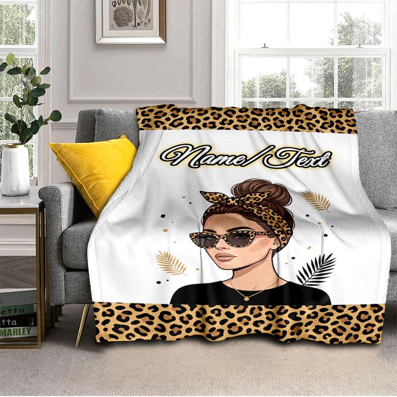 1PC Custom Name Leopard Fashion Portrait outdooor Flannel blankets Throw Blanket All-Season Throw Gift Bedspread for Couch, Bed, Camping Holiday Birth