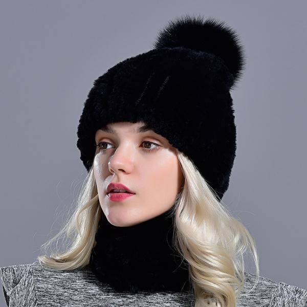 Rabbit Fur Pompom Hat Ring Scarf Set Women's Winter Fashionable Natural Fur Knitted Caps Neck Warmers for Girls Female