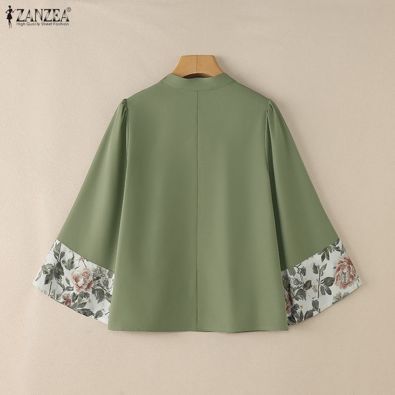 ZANZEA Blusa holgada casual para mujer con cuello en V, estampado patchwork, manga 3/4