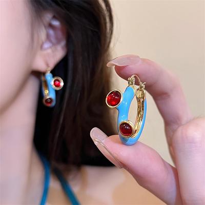 Retro Drop Glaze French Earrings Ear Buckle High Grade Blue Red Color Matching Ear Buckle Vintage Elegant Circular Earrings Women Party Gifts