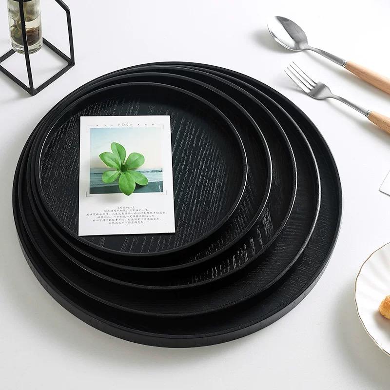 Japanese Black Wooden Dessert Tray, Rectangular Tea Tray, Circular Cake Rack, Cute Tray, Kitchen Accessories, Wooden Tableware