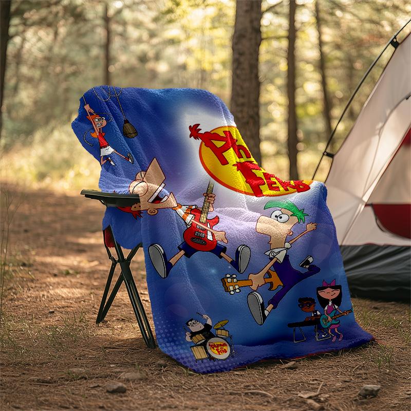 1pc Phineas and Ferb1 Theme Blanket - Digital Print, Polyester, Cozy for All Seasons, Perfect for Outdoor, and Travel