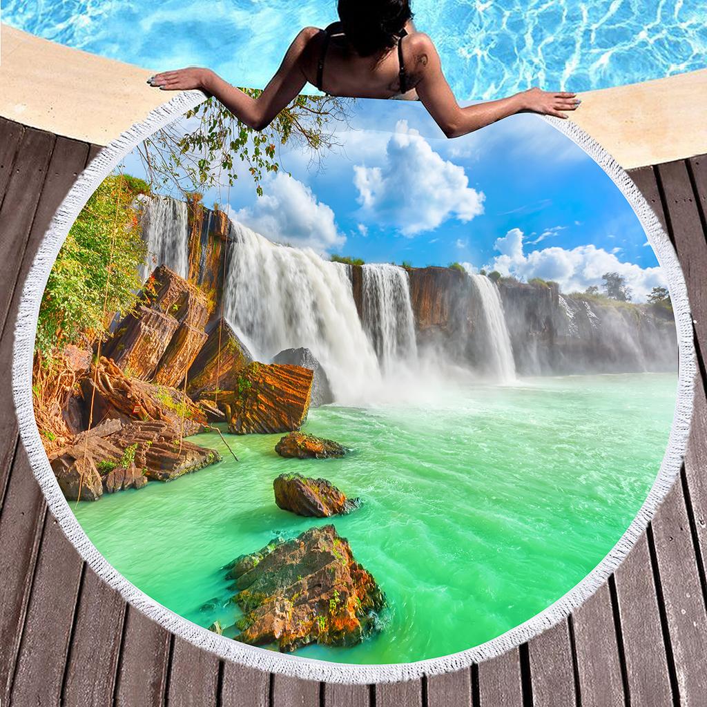Natural Scenery Waterfall Round Beach Towel, Microfiber Circle Beach Blanket, Sand Free Quick Dry Pool Towel Portable Picnic Mat
