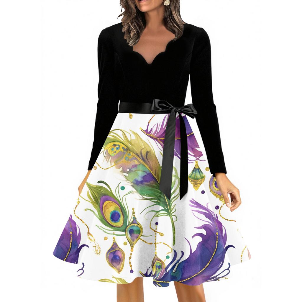 Women's Casual Fashion V Neck Long Sleeve Printed Vintage Long Dress