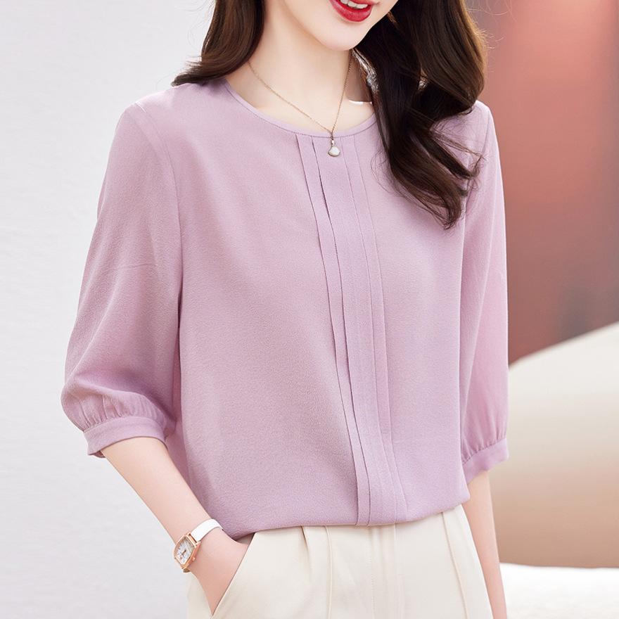 

Silk top women s shirt medium sleeve spring and new round neck loose five-quarter sleeve shirt mulberry silk shirt M рожевий
