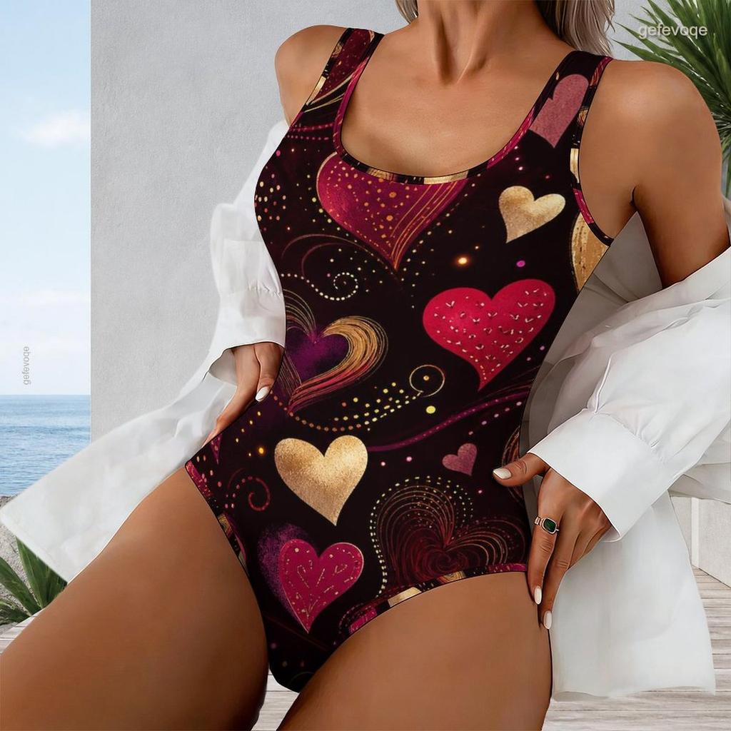 Women Plus Size U Neck Sleeveless One Piece Swimsuit Neon Heart Star Print