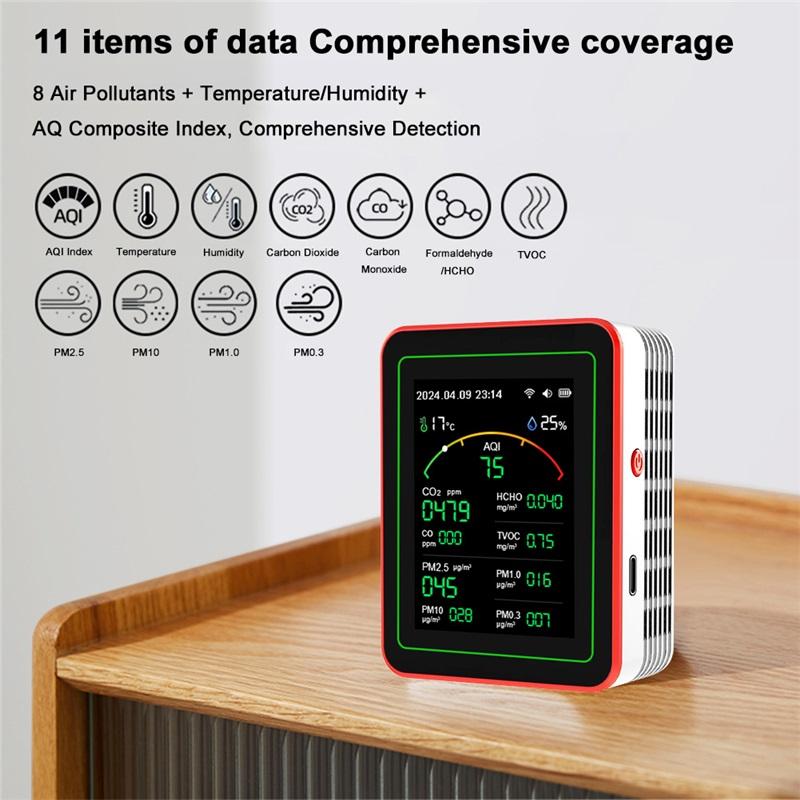 WiFi 15-in-1 Indoor Air Quality Monitor APP Control Portable AQI PM0.3 PM1.0 PM2.5 PM10 Tester Household CO CO2 TVOC HCHO Tester