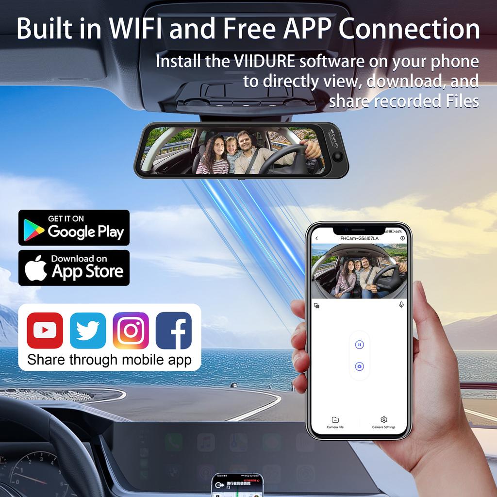 4K 10-Inch Streaming Media Dash Cam, 3 Lenses, WiFi, Night Vision, 170° Fisheye, Rearview Mirror