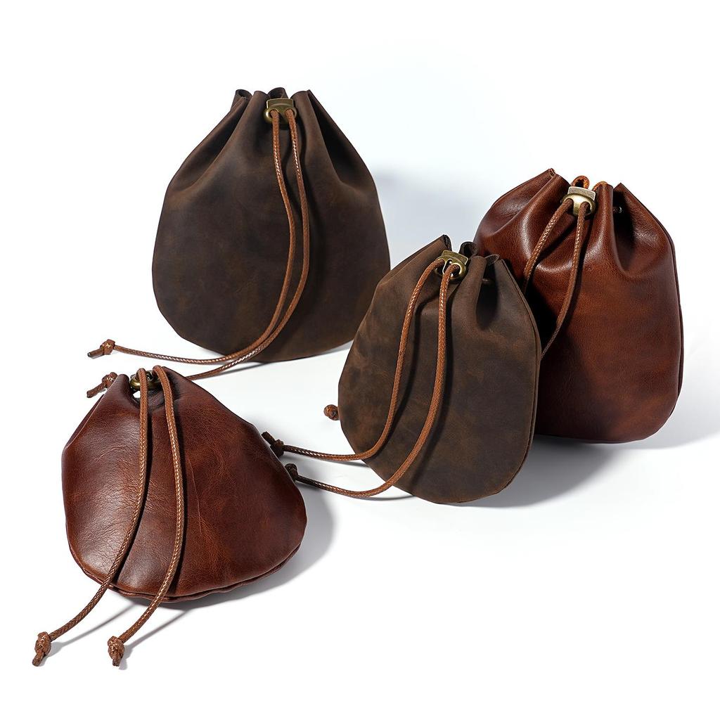 Genuine Leather Drawstring Coin Purse - Cowhide Storage Bag & New Year's Lucky Wallet.