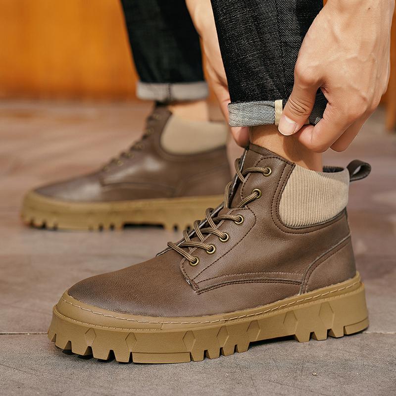 Brown Boots Leather Chelsea Ankle Boots Shoes for Men with Autumn Men Bottines Chelsea Lace Up Leather Boots Outdoor Sport Boots