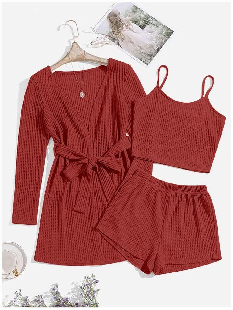 Three-Piece Women's Waffle Knit Lounge Set: Camisole, Shorts, and Outer Robe Pajamas