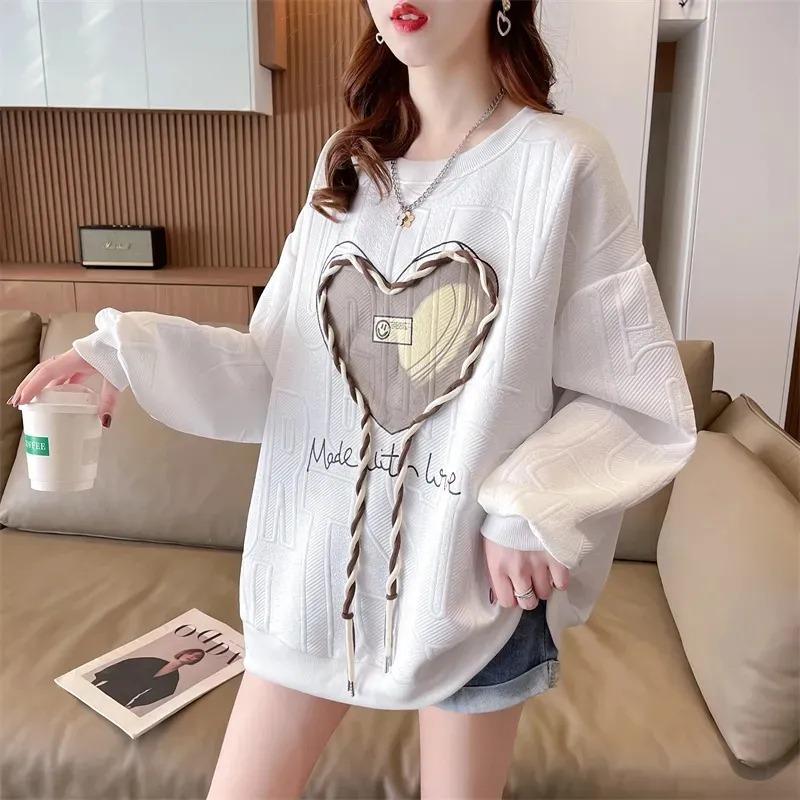 Spring and Autumn New Thin Sweatshirt Women's T-shirt Women's Loose Covering Flesh Large Size Fashionable High-end Women's Outerwear Top Long Sleeve