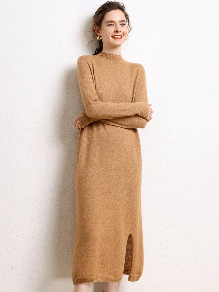 2025 Autumn/Winter Women's Slim Fit High Neck Cashmere Knit Long Sleeve Dress