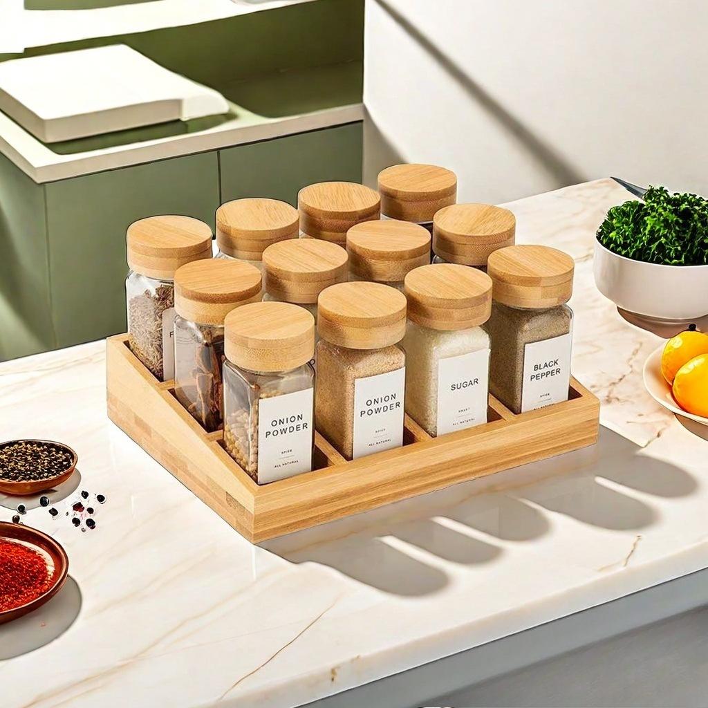 Glass Spice Jars W/ Bamboo Lids + Wood Tray, Storage Containers Storage Jars Flour Jar Kitchen Canisters