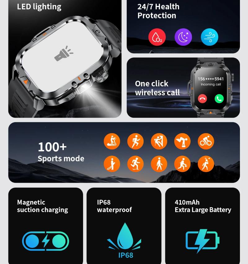 2025 Nieuwe 2.01-inch HD Scherm Heren Smartwatch met Zaklamp Buitensporten Heren Horloge IP68 Waterdicht Gezondheidsmonitor Oproep Smartwatch