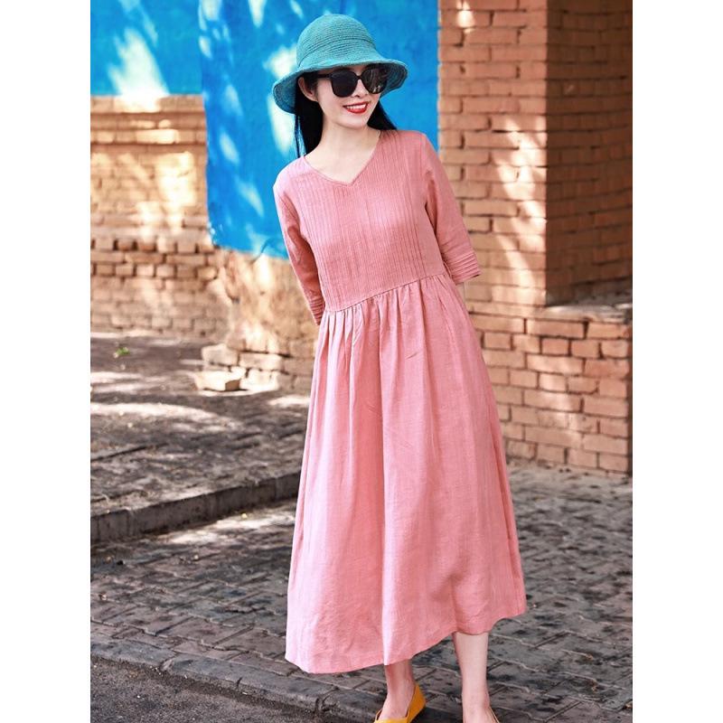 2026 Summer Cotton Linen V-Neck Artistic Long Dress for Women