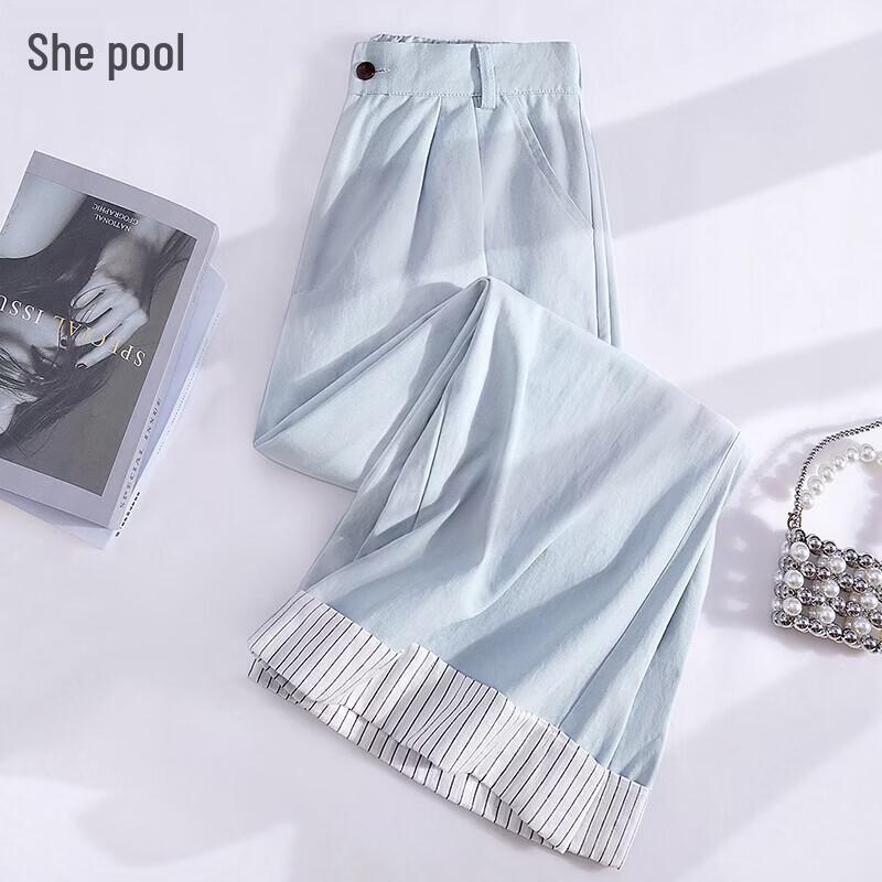 Women s Striped Patchwork Wide-Leg Cropped Pants M