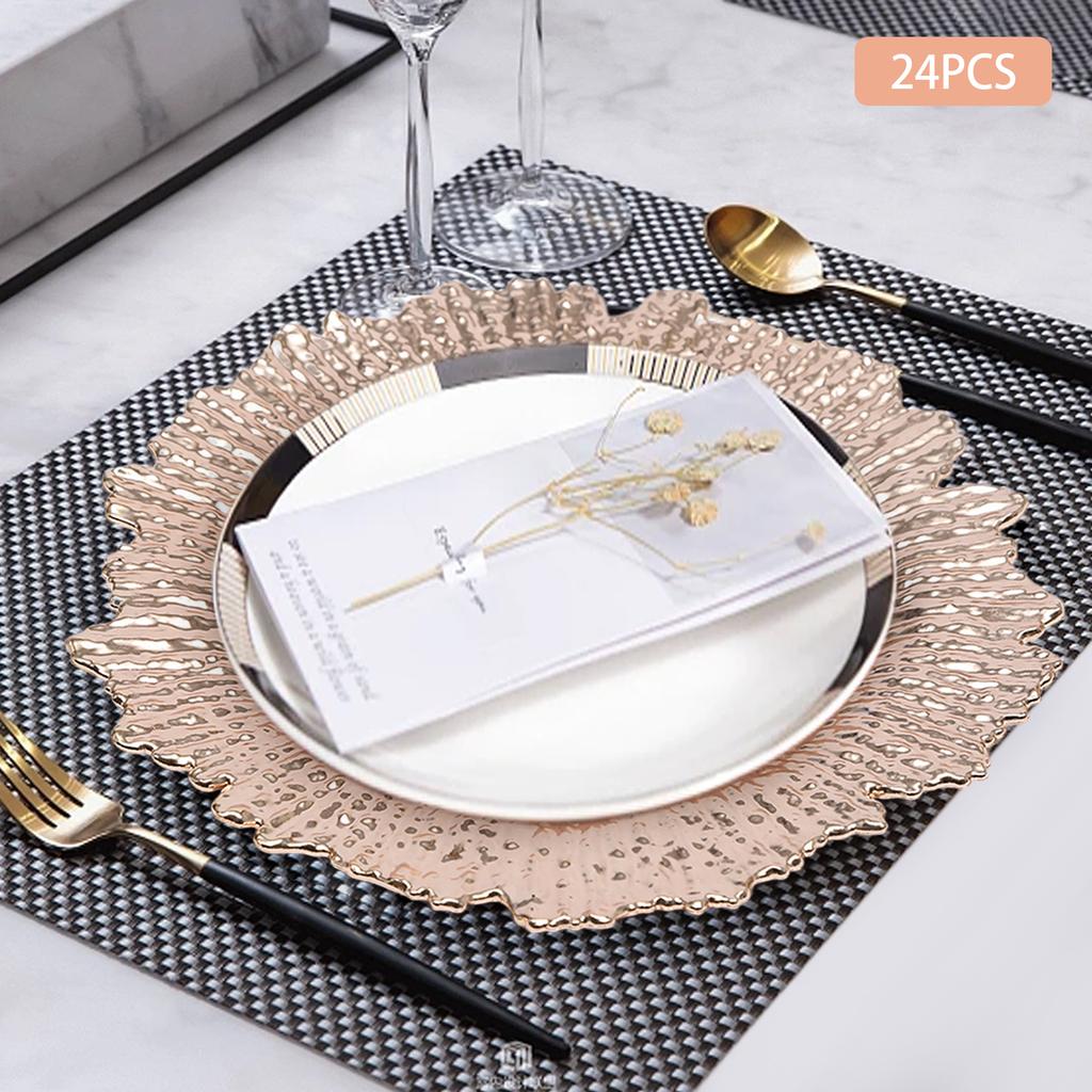 24pcs 12.6 Inch Round Plastic Charger Plates, Elegant Wedding & Party Decor, Rose Gold Snowflake Design, Dish Decor Placemats