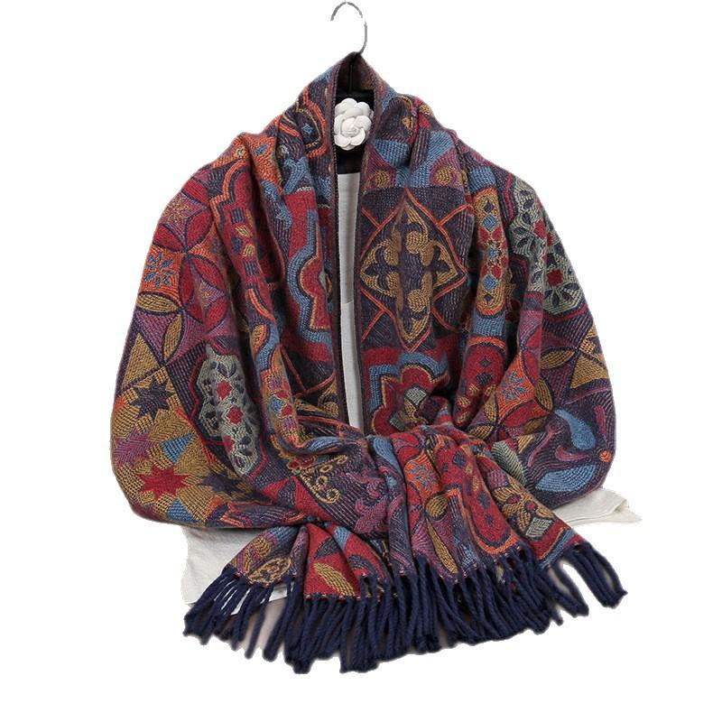 Geometric Flower Jacquard Long Towel Warm Polyester Scarf Ethnic Style Long Fringed Shawl