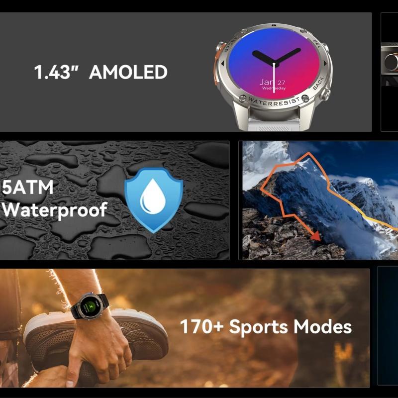 DM56 1.43-inch AMOLED screen GPS smartwatch for Men BT call Height Compass Android Fitness Tracker Bracelet iOS Remote