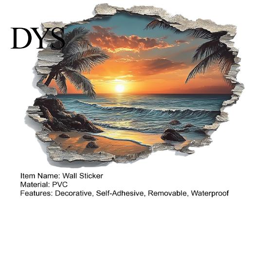 Easy Installation Wall Coverings 3D Beach Scenery Sticker, Sunset Coconut Tree Mural, PVC Waterproof Decal, Modern Interior Transformation Removable
