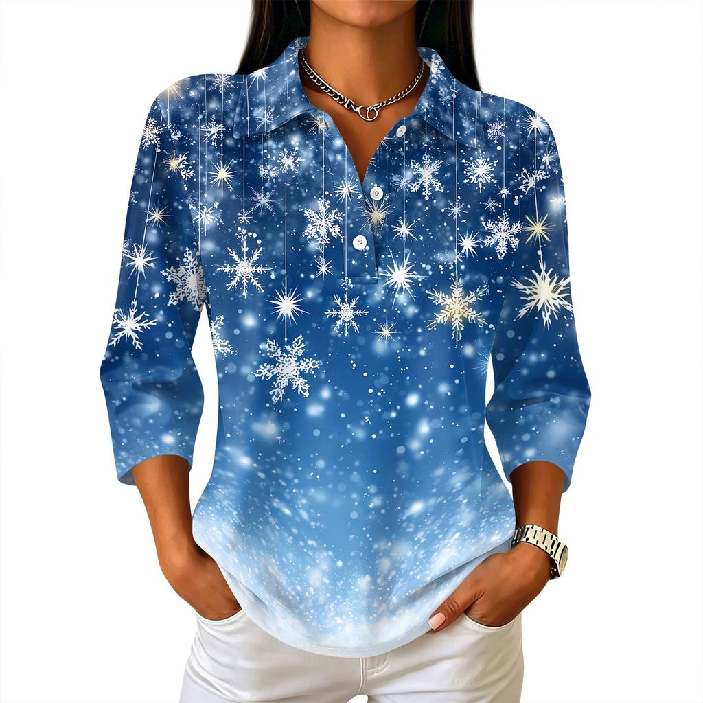 Damen Lässiges Weihnachts-Print Button-Down-Hemd, Dreiviertelarm-Kragenbluse für Feiertags-Outfits