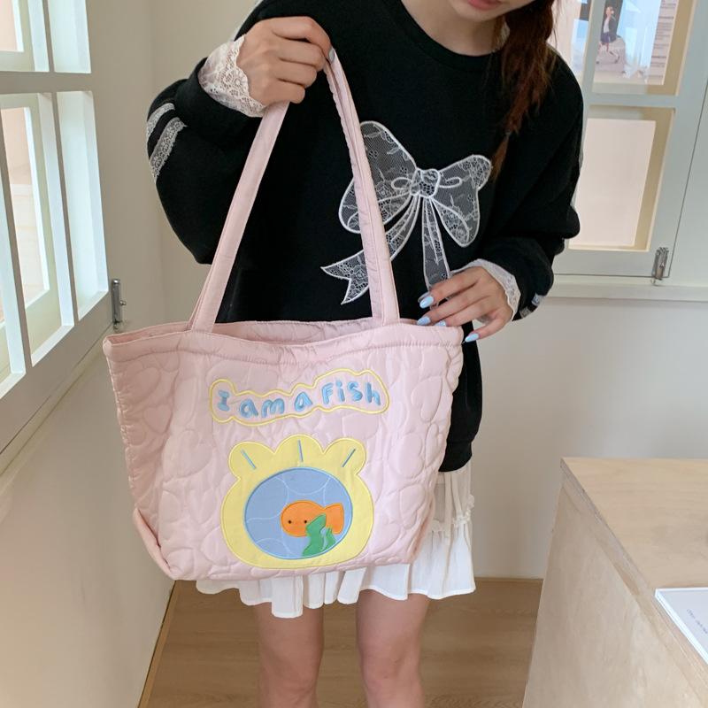 Cute Cotton Embroidery Women's Shoulder Bags Casual Quilted Ladies Large Capacity Tote Shopper Bag Lovely Dog Purse Handbags