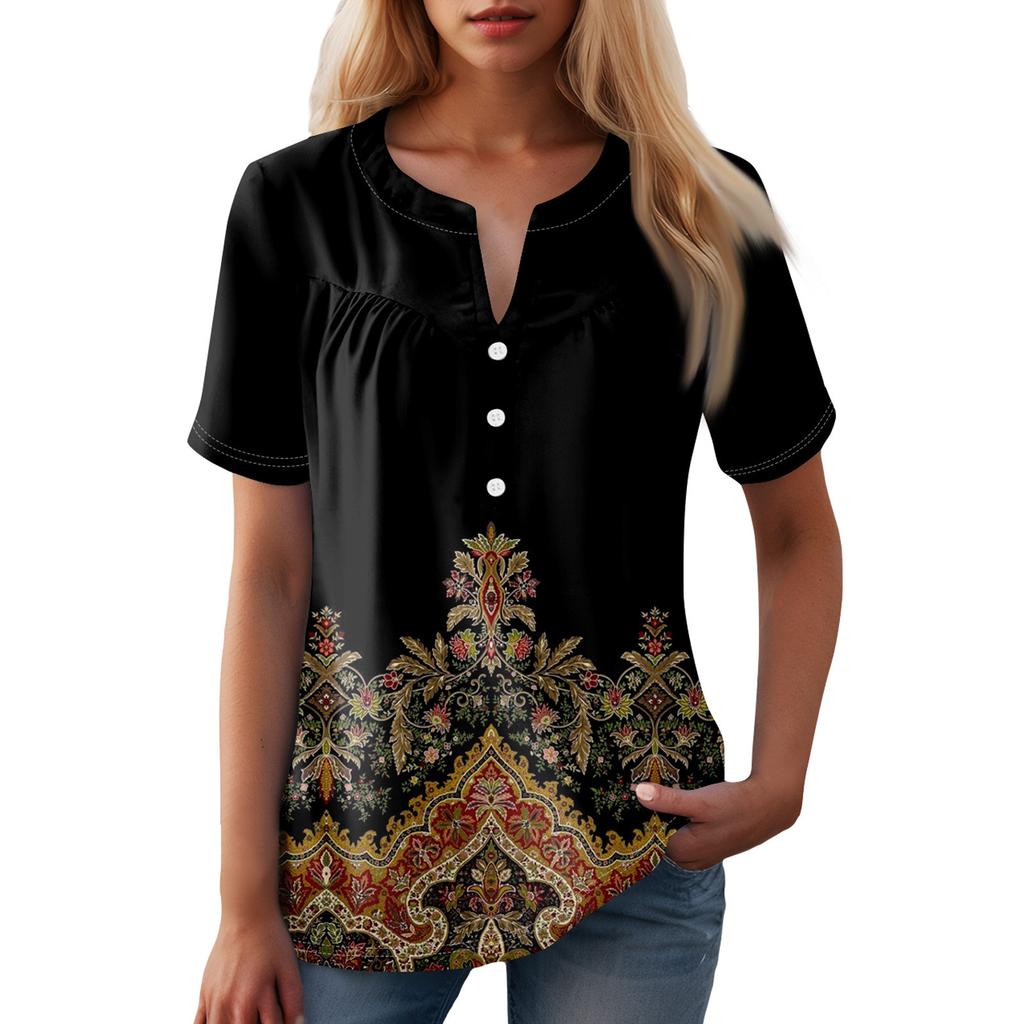 Women's Casual Floral Print V-Neck Short Sleeve Decorative Button T-Shirt Top