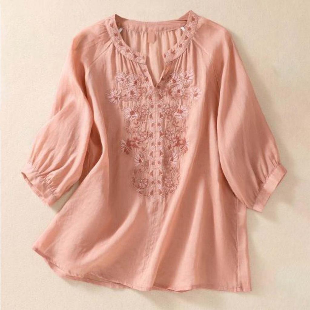 Women's Solid Color Three Quarter Sleeve Cotton And Linen Embroidered Retro Half Open Collar Top