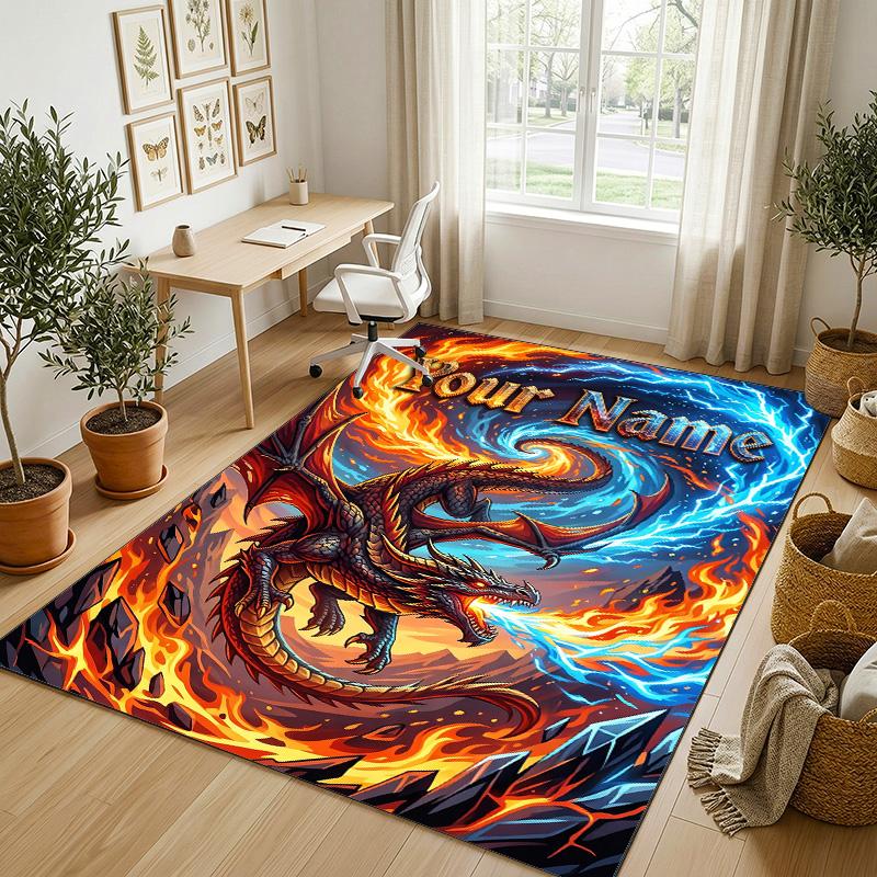 Dragon Phoenix Theme Crystal Velvet Rug Personalized Custom Name Text Soft Floor Mat Home Decor
