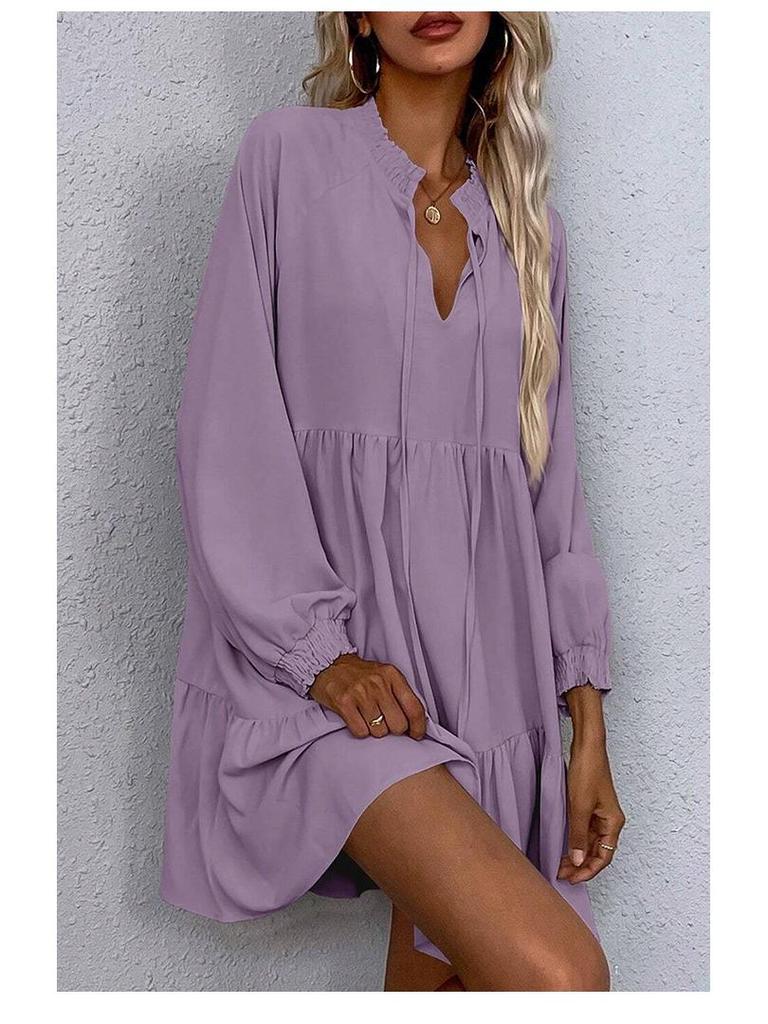 Shi Ying Women's Solid Color Autumn Midi Dress - Long Sleeve, Drawstring, Pointed Collar, Loose Fit